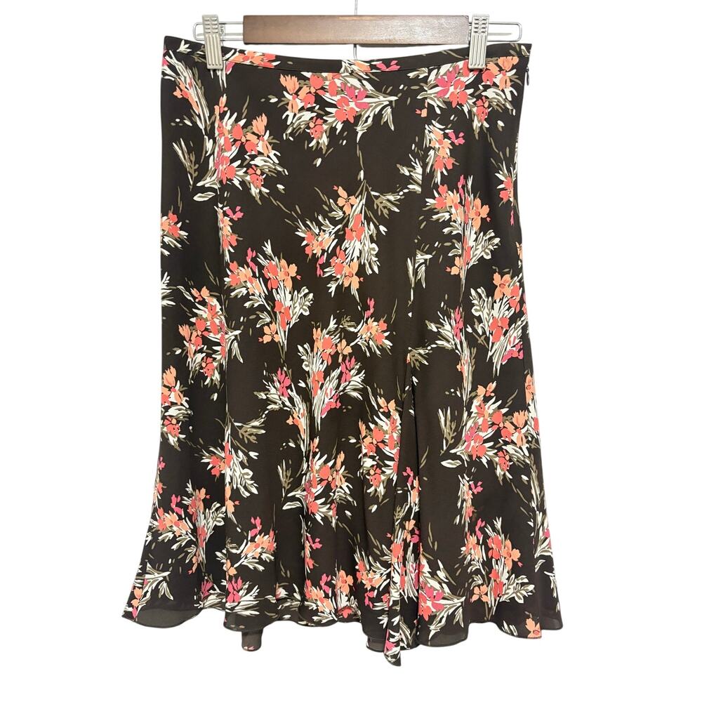 LOFT Womens 6 100% Silk Floral Midi Skirt Brown A Line Flowy Lined